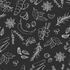 Seamless pattern with spices. Line sketch. White on a dark background. Stock illustration. Endless texture for your design.