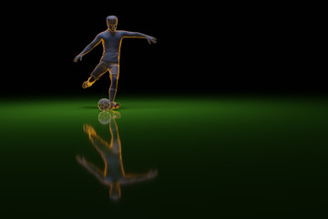 Electronic football player striking a ball against black background with copy space