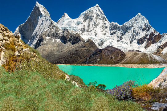 The Huandoy perpetual snow mountain and Paron lake  in the white range of Huaraz, near Caraz town in Ancash, Peru.