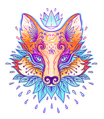 Cute fox face. Character tattoo design for pet lovers, artwork for print, textiles. Isolated vector illustration.