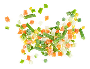 Frozen vegetable Mexican mix with beans and corn, white background. Top view.