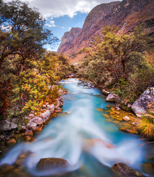 Creek of Llanganuco lake, in white  range of Paru, down from Huascaran mountain.