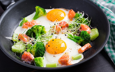 Ketogenic/paleo diet. Fried eggs, salmon, broccoli and microgreen.  Keto breakfast. Brunch.