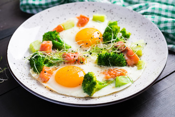 Ketogenic/paleo diet. Fried eggs, salmon, broccoli and microgreen.  Keto breakfast. Brunch.
