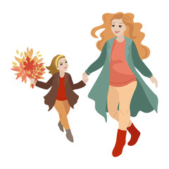 Woman walking with daughter in autumn. Vector illustration