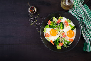 Ketogenic/paleo diet. Fried eggs, salmon, broccoli and microgreen.  Keto breakfast. Brunch.  Top view, overhead