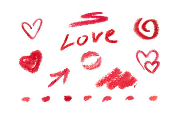 Set love scrap-book elements by red lipstick. Romantic doodle collection for Invitation, greeting card. Valentine day Holiday element template. Bubble message sign icon. Isolated white background