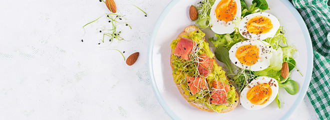 Breakfast. Healthy open sandwich on  toast with avocado and salmon, boiled eggs, herbs, chia seeds on white plate  with copy space. Healthy protein food. Top view, banner