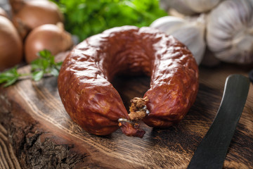 Rings of traditional, country, homemade, pork smoked sausage.