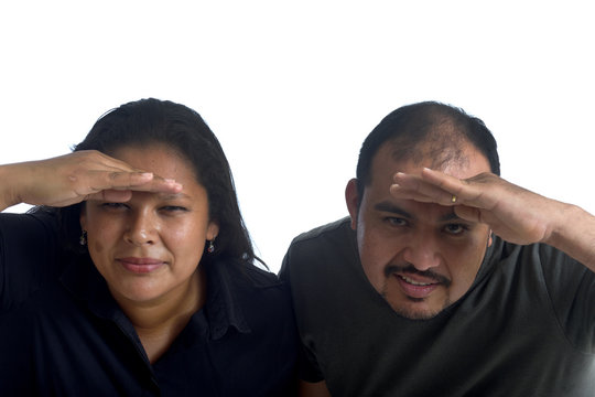 Couple With Hand In Front Looking Away On White Background