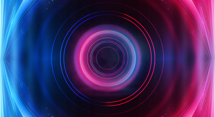 Background of empty show scene. Empty dark modern abstract neon background. Glow of neon lights on an empty stage, diodes, rays and lines. Lights of the night city.