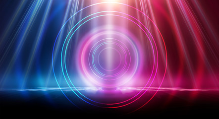 Background of empty show scene. Empty dark modern abstract neon background. Glow of neon lights on an empty stage, diodes, rays and lines. Lights of the night city.