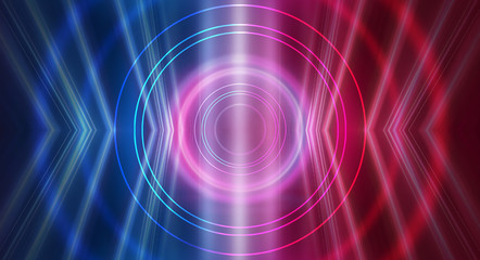 Background of empty show scene. Empty dark modern abstract neon background. Glow of neon lights on an empty stage, diodes, rays and lines. Lights of the night city.