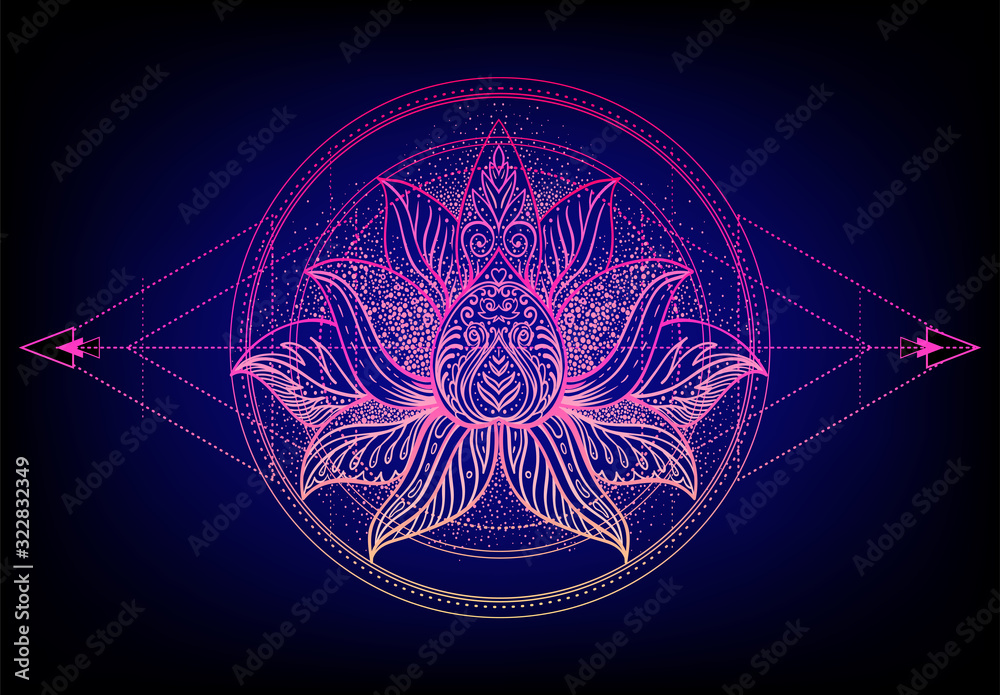 Wall mural vector ornamental lotus flower, ethnic art, patterned indian paisley. hand drawn illustration. invit