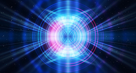 Background of empty show scene. Empty dark modern abstract neon background. Glow of neon lights on an empty stage, diodes, rays and lines. Lights of the night city.