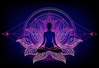 Chakra concept. Inner love, light and peace. Buddha silhouette in lotus position over colorful ornate mandala. Vector illustration isolated. Buddhism esoteric motifs. Tattoo, spiritual yoga.