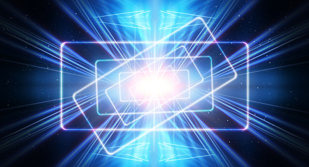 Background of empty show scene. Empty dark modern abstract neon background. Glow of neon lights on an empty stage, diodes, rays and lines. Lights of the night city.