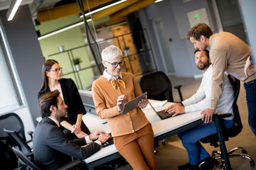Fototapeta premium Business people working and communicating while standing in the office together with colleagues sitting in the background