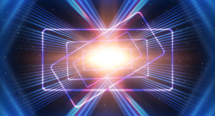 Background of empty show scene. Empty dark modern abstract neon background. Glow of neon lights on an empty stage, diodes, rays and lines. Lights of the night city.