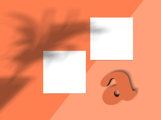 Square business card mockup on a salmon color background. Mock up square card with shadow overlay