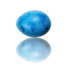 world map on the blue Easter egg reflected on the white background
