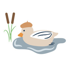 Cute cartoon duck on a pond vector illustration.