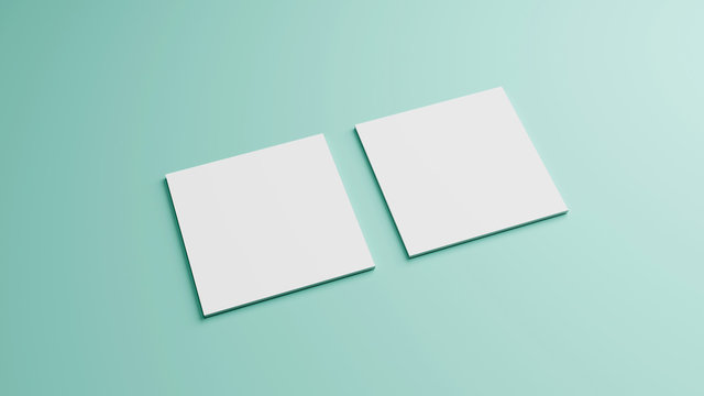 White square shape business card mockup stacking on green mint pastel color table background. Branding presentation template print. 2.5 x 2.5 inch paper size cover. 3D illustration rendering