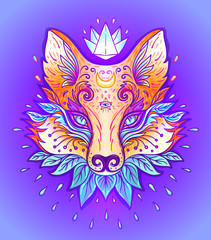 Cute fox face. Character tattoo design for pet lovers, artwork for print, textiles. Isolated vector illustration.