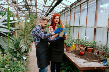 Happy and charismatic two gardener smiling large while checking all the plants and make some notes on the map in a large flower greenhouse