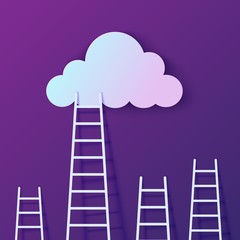 Ladder leading to cloud in paper cut style. Staircase of opportunities. Night purple sky with gradient cloud. Vector elements for motivational poster concept template of creative business success card