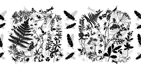 Seamless floral pattern with leaves, flowers and insects. Forest herbs in black and white color on a white background.