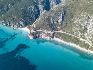 AERIAL VIEW OF THE BEAUTIFUL AND UNCONTAMINATED BEACH OF FUILI, ON THE GULF OF CALA GONONE,SARDINIA,ITALY