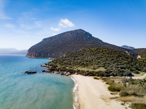 AERIAL VIEW OF THE BEAUTIFUL AND WILD CARTOE BEACH IN DORGALI,SARDINIA