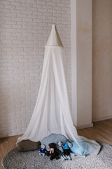 Children's room is decorated in grey, blue and in white color with canopy and pillows on the floor.