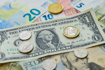 Euro and US dollars coins and banknotes