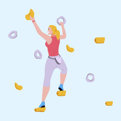 Sporty Woman Climbing on Rock-Climbing Wall with Grips and Holds. Female Climber Character. Summer Bouldering Sport and Training Flat Cartoon. Activity and Recreation. Vector Illustration