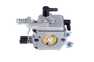 Chainsaw carburetor close-up on a white background