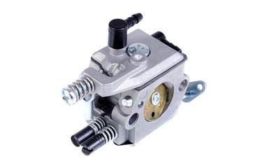 Chainsaw carburetor close-up on a white background