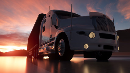 Fototapeta na wymiar Big white semi - trailer truck closeup on asphalt road highway at sunset - transportation background. 3d illustration