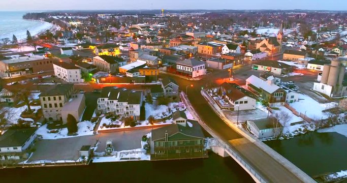 Morning twilight Aerial flyover of peaceful small town America.