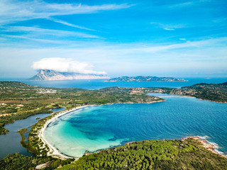 Aerial view of Cala Brandinchi also called Tahiti for its beautiful sea and sandy beach. North...