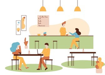 Coffee House Interior. Barista Make Woman Brewed Pour-over Coffee Vector Illustration. Couple Sit Table, Man Work Laptop. Cartoon People Cafe Meeting, Conversation, Drink. Americano, Espresso, Latte