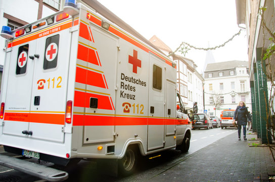 Soest, Germany - December 31, 2018: German Red Cross Ambulance Car (German: Deutsches Rotes Kreuz)