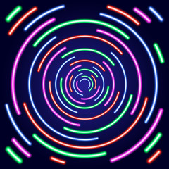 Concentric circles broken abstract from glowing multicolored neon luminescence lines on blue background. Vector illustration.