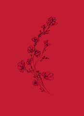  tree branch with flowers and leaves, graphic hand drawn,  blossom tree  on red background. Simple pencil art