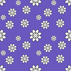 Seamless repeat pattern with white flowers  on lilac background. drawn fabric, gift wrap, wall art design, wrapping paper, background, fabric print, web page backdrop.