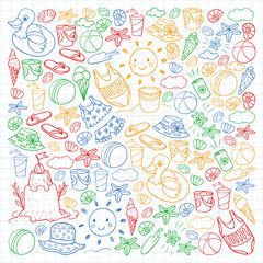 Vector set of beach icons for summer posters, banners. Sea, ocean vacations. Kids drawing style.