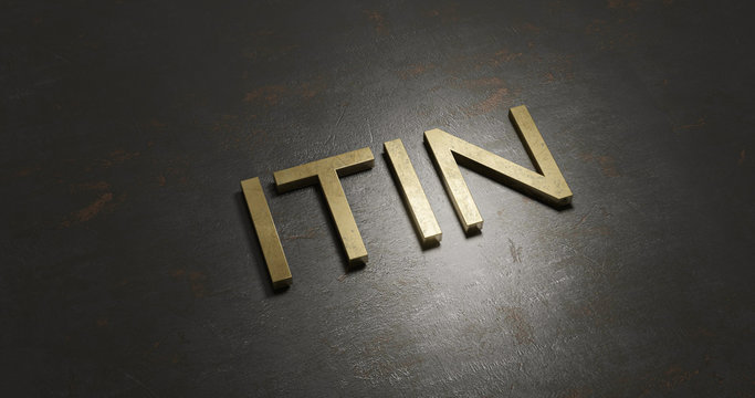 3d rendering gold - ITIN - written on textured rustic black metal positioned in a diagonal line
