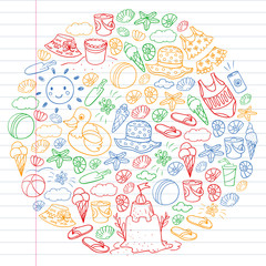 Fototapeta premium Vector set of beach icons for summer posters, banners. Sea, ocean vacations. Kids drawing style.