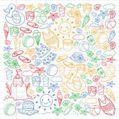 Vector set of beach icons for summer posters, banners. Sea, ocean vacations. Kids drawing style.